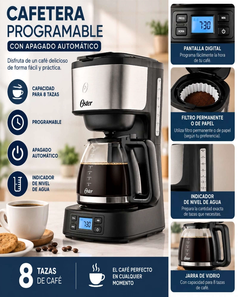 CAFETERA PROGRAMABLE 8 TAZAS ACERO INOXIDABLE OSTER - 6