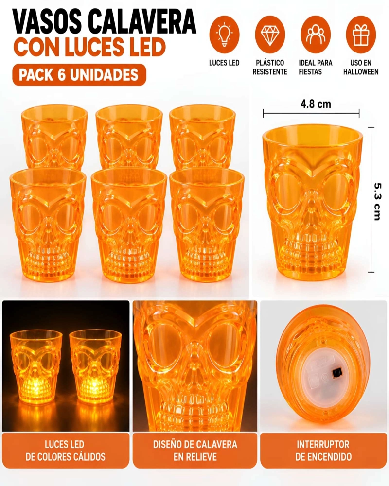 SET DE 6 VASOS FORMA DE CALAVERA TRANSLUCIDOS CON LUZ LED - 5
