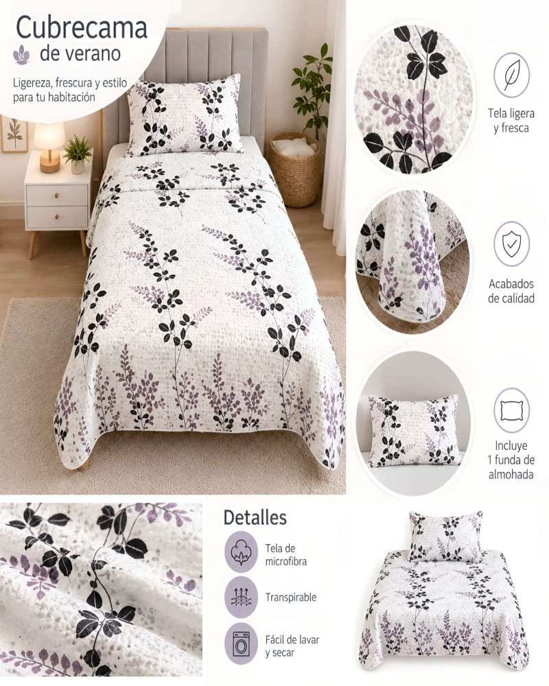 CUBRECAMA 1.5 PLAZAS (180X230 CM) + 1 ALMOHADA + 1 FUNDA - 5