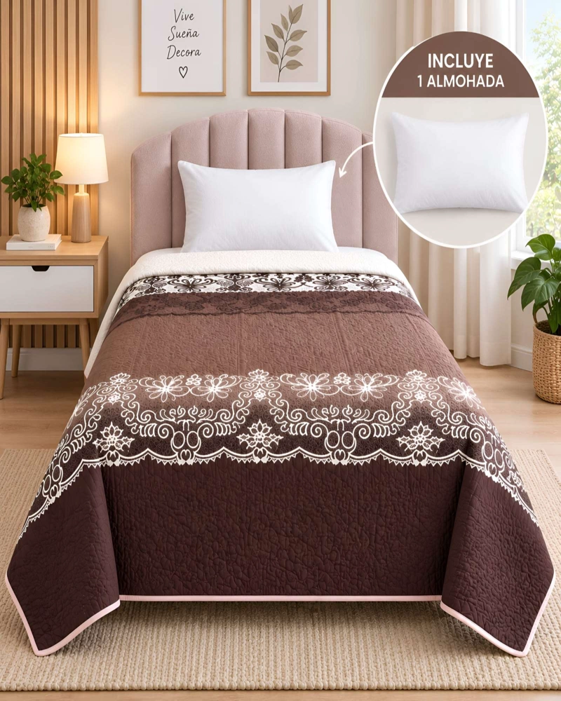 CUBRECAMA ACOLCHADO 1.5 PLAZAS (180X230 CM) + 1 ALMOHADA + 1 FUNDA - 1
