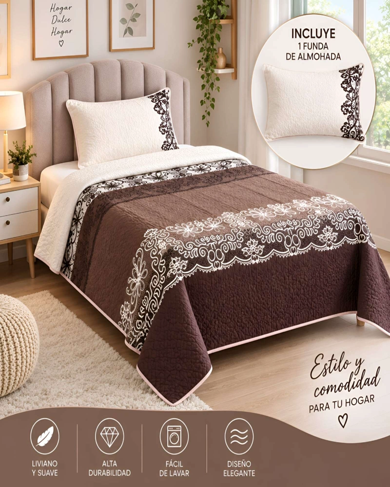 CUBRECAMA ACOLCHADO 1.5 PLAZAS (180X230 CM) + 1 ALMOHADA + 1 FUNDA - 5