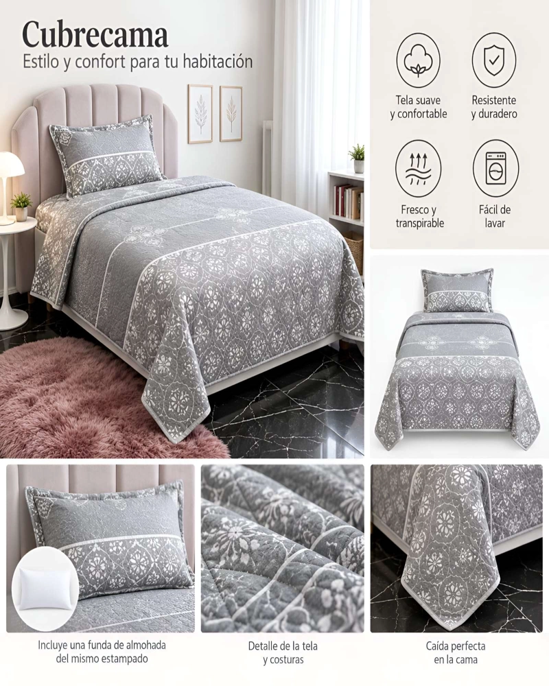 SET DE CUBRE CAMA Y FUNDA DE ALMOHADA ACOLCHADO PLAZA Y MEDIA 180X230CM - 5