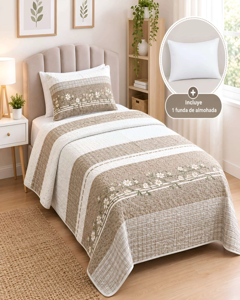 CUBRECAMA ACOLCHADO 1.5 PLAZAS (180X230 CM) + 1 ALMOHADA + 1 FUNDA - 4
