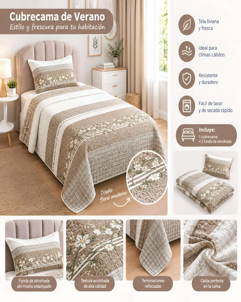 CUBRECAMA ACOLCHADO 1.5 PLAZAS (180X230 CM) + 1 ALMOHADA + 1 FUNDA - 5