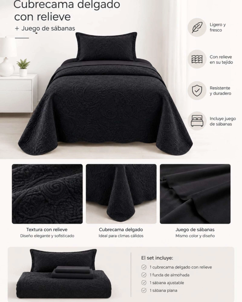 CUBRECAMA QUILT DE VERANO LISO 1.5 PLAZAS CON RELIEVE - 4