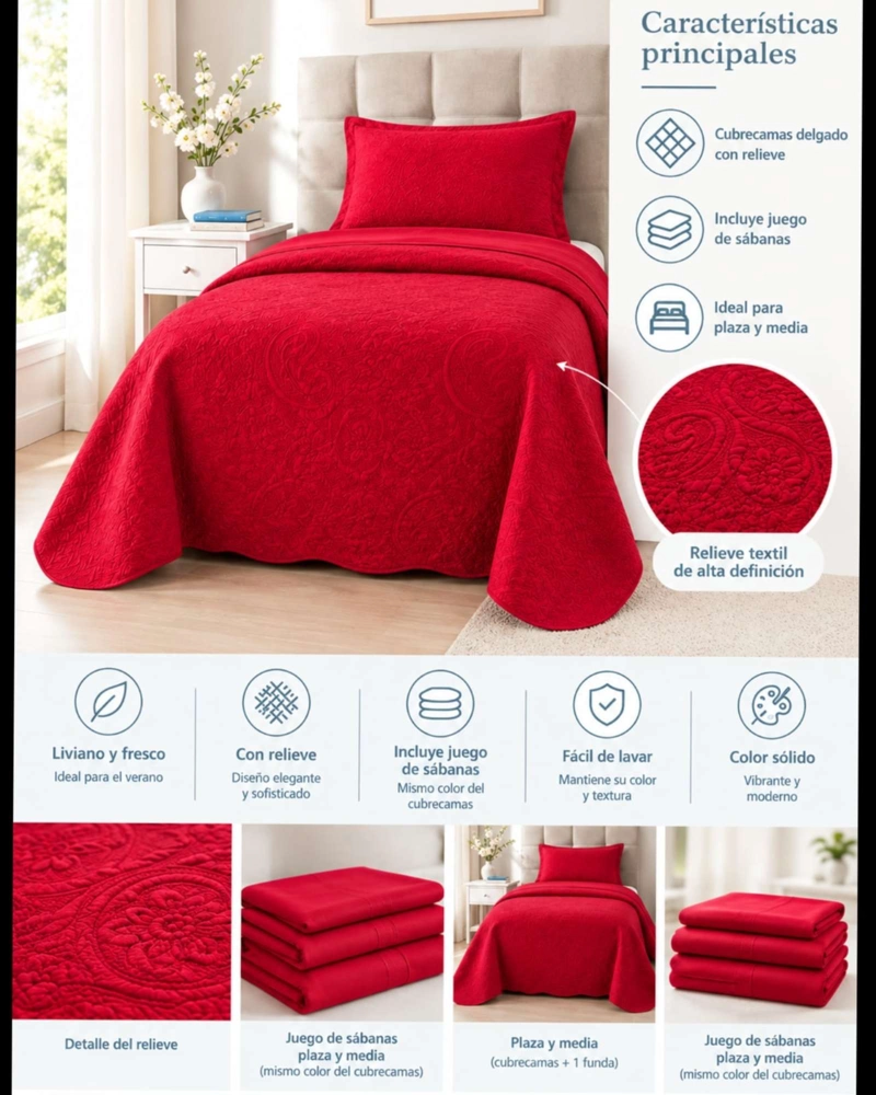 SET CUBRECAMA QUILT VERANO LISO CON RELIEVE + JUEGO DE SABANAS 1.5 PLAZAS - 5