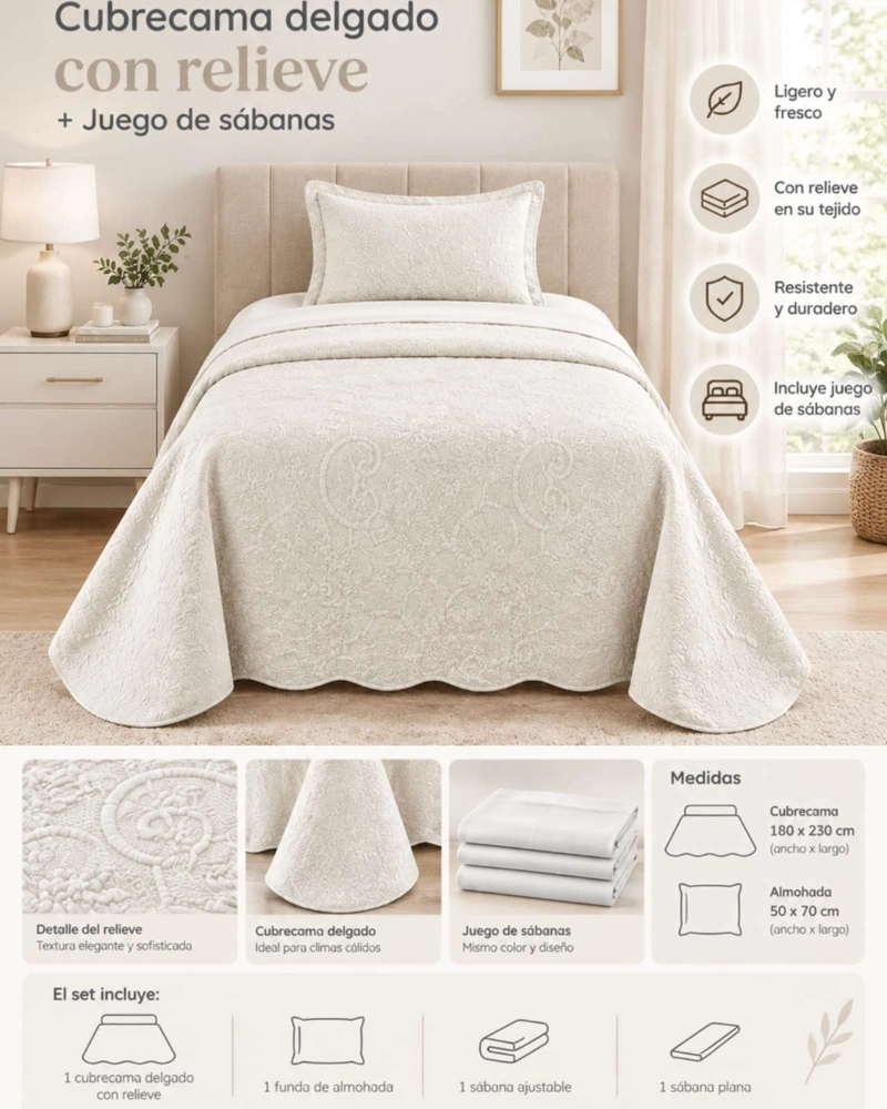 CUBRECAMA QUILT DE VERANO LISO 1.5 PLAZAS CON RELIEVE - 5