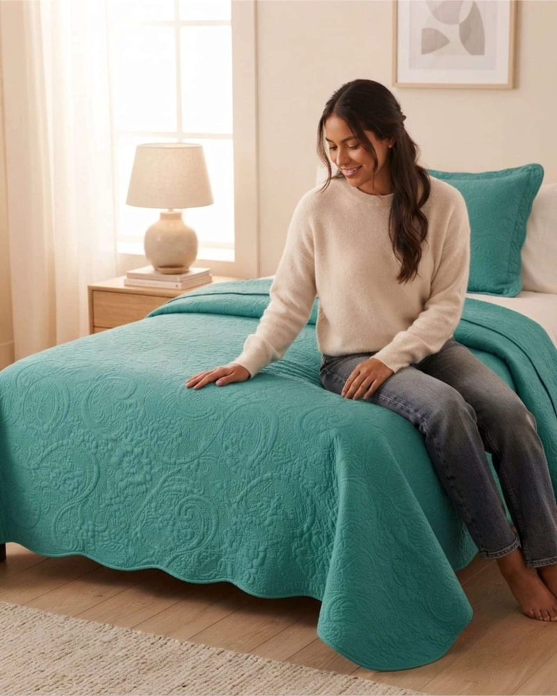 QUILT CUBRECAMA 1.5 PLAZAS TURQUESA VERANO DISEÑO RELIEVE - 2