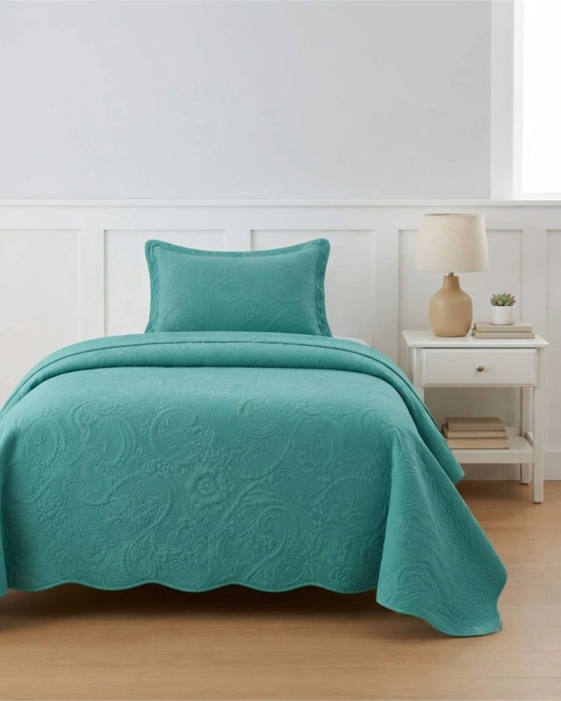 QUILT CUBRECAMA 1.5 PLAZAS TURQUESA VERANO DISEÑO RELIEVE - 3