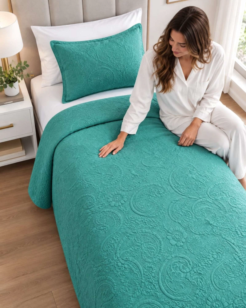 QUILT CUBRECAMA 1.5 PLAZAS TURQUESA VERANO DISEÑO RELIEVE - 4