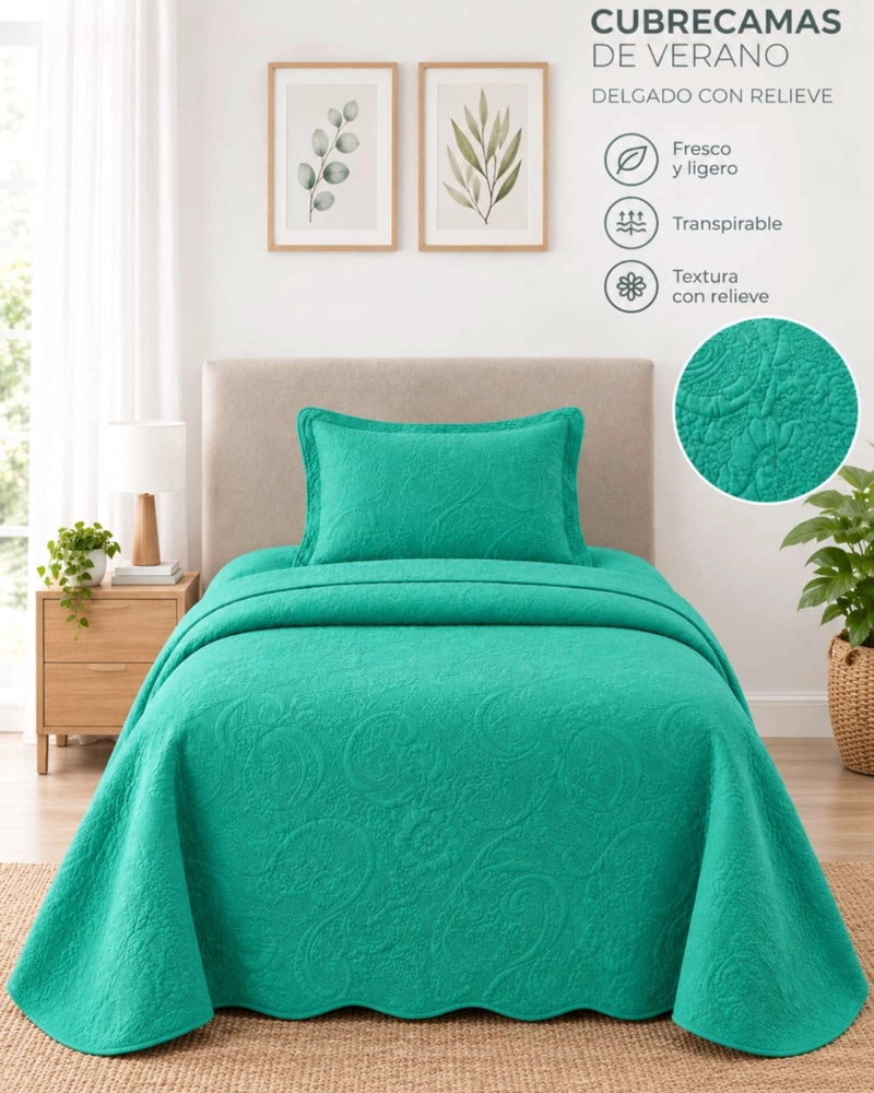 QUILT CUBRECAMA 1.5 PLAZAS TURQUESA VERANO DISEÑO RELIEVE - 5