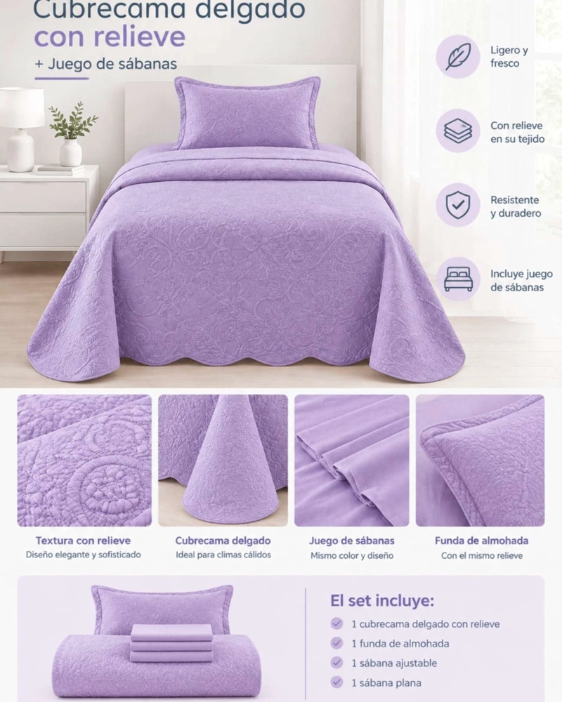 CUBRECAMA QUILT DE VERANO LISO 1.5 PLAZAS CON RELIEVE - 5