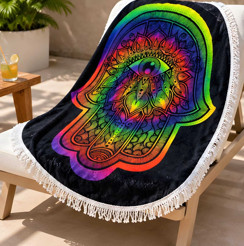 TOALLA REDONDA DE PLAYA Y PISCINA CON ESTAMPADO Y FLECOS 150 CM - 1