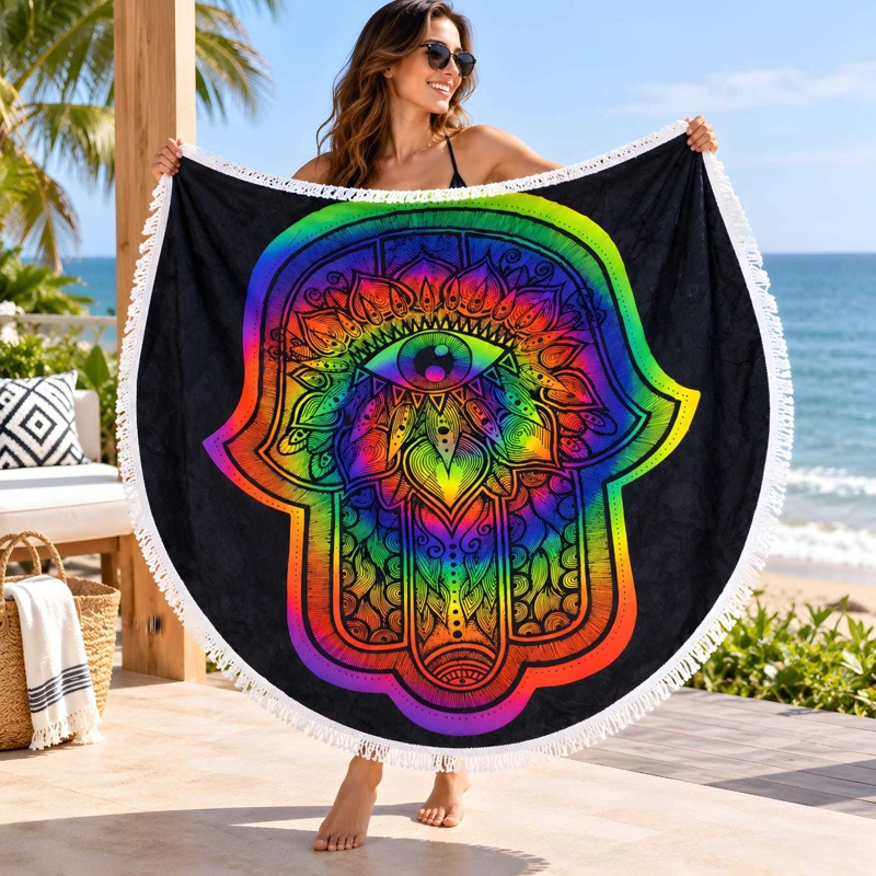 TOALLA REDONDA DE PLAYA Y PISCINA CON ESTAMPADO Y FLECOS 150 CM - 4