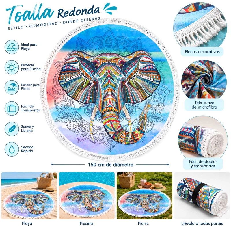 TOALLA REDONDA DE PLAYA Y PISCINA CON ESTAMPADO Y FLECOS 150 CM - 5