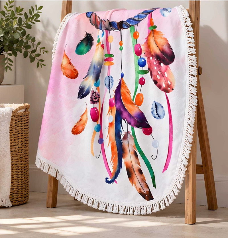 TOALLA REDONDA DE PLAYA Y PISCINA CON ESTAMPADO Y FLECOS 150 CM - 1