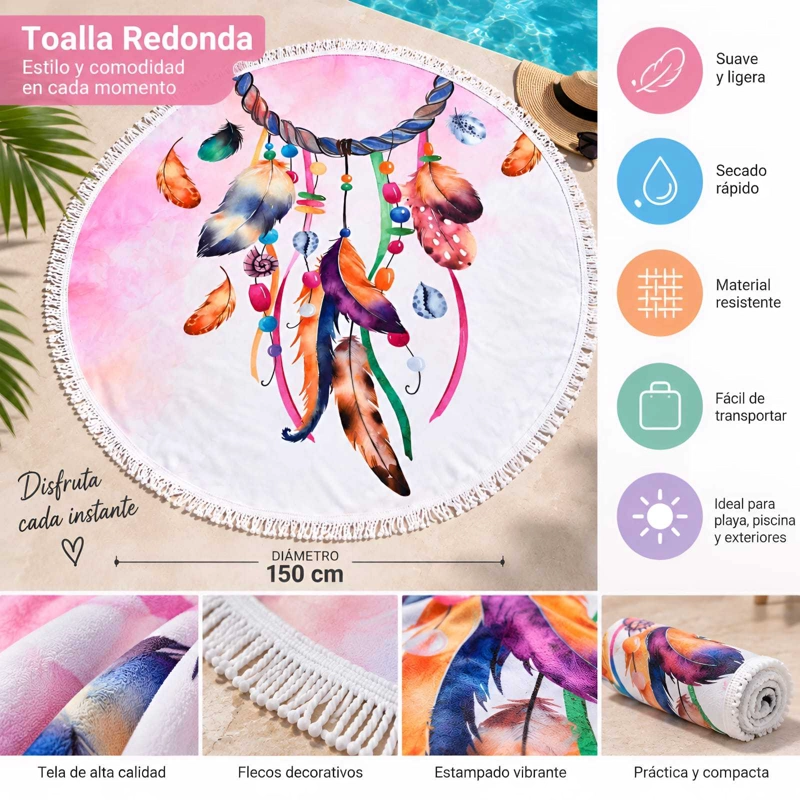 TOALLA REDONDA DE PLAYA Y PISCINA CON ESTAMPADO Y FLECOS 150 CM - 5
