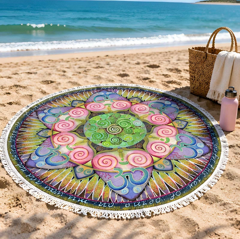 TOALLA REDONDA DE PLAYA Y PISCINA CON ESTAMPADO Y FLECOS 150 CM - 1