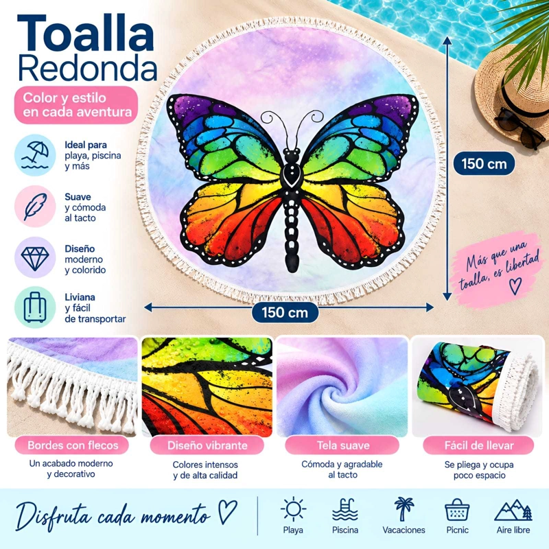 TOALLA REDONDA DE PLAYA Y PISCINA CON ESTAMPADO Y FLECOS 150 CM - 5