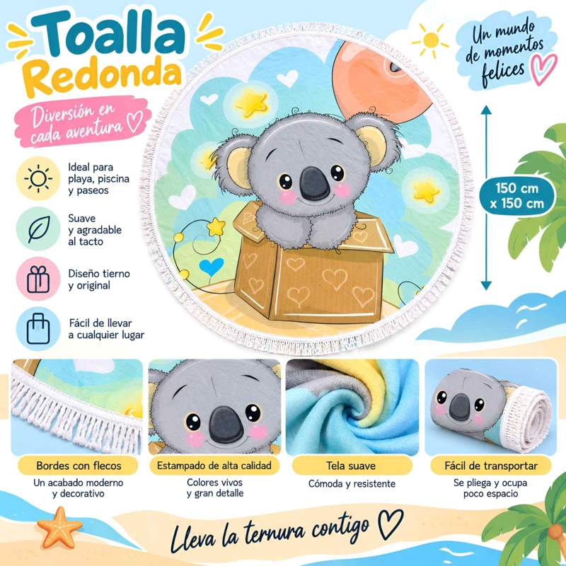 TOALLA REDONDA DE PLAYA Y PISCINA CON ESTAMPADO Y FLECOS 150 CM - 5