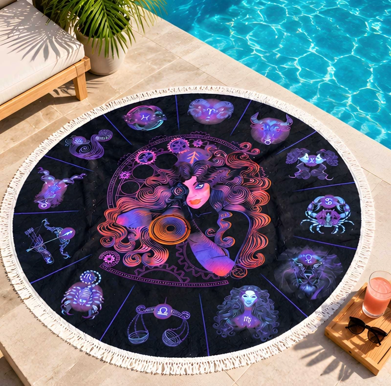 TOALLA REDONDA DE PLAYA Y PISCINA CON ESTAMPADO Y FLECOS 150 CM - 2