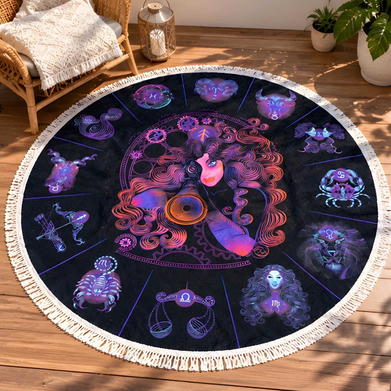 TOALLA REDONDA DE PLAYA Y PISCINA CON ESTAMPADO Y FLECOS 150 CM - 3