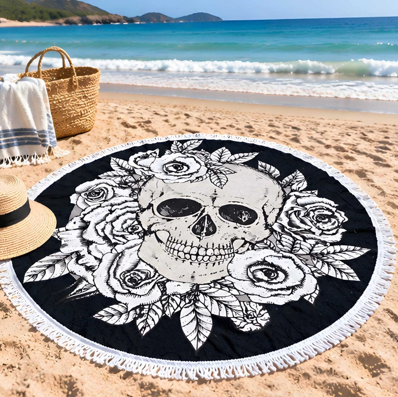 TOALLA REDONDA DE PLAYA Y PISCINA CON ESTAMPADO Y FLECOS 150 CM - 4