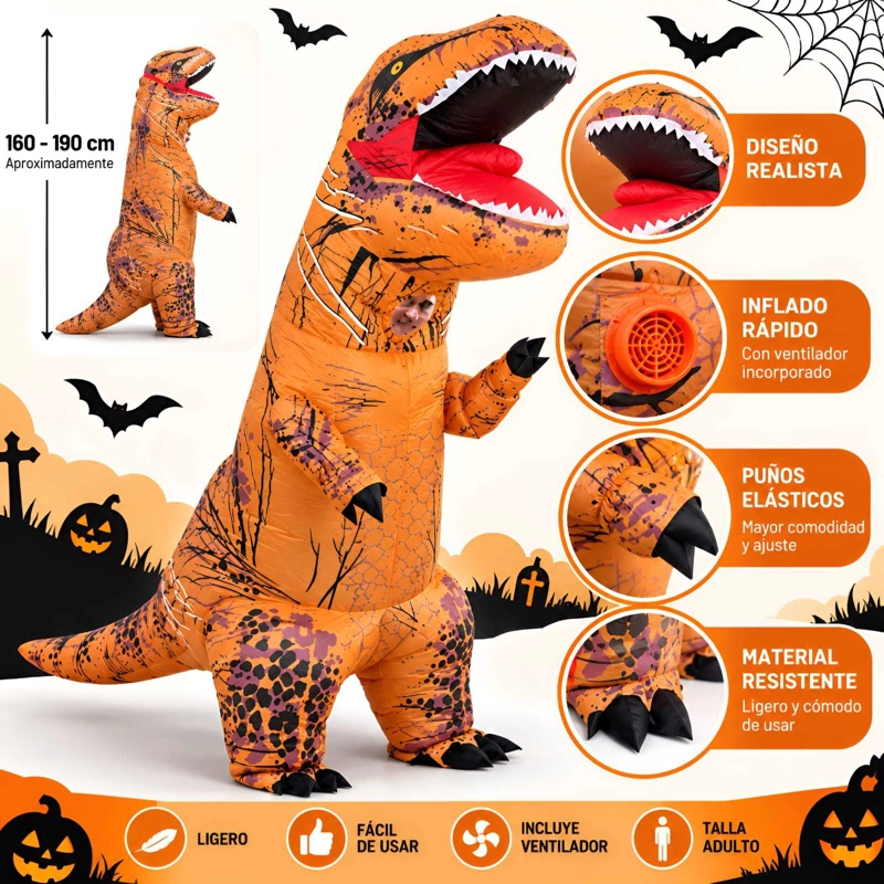 DISFRAZ INFLABLE DE DINOSAURIO T-REX NARANJA PARA ADULTOS - 5