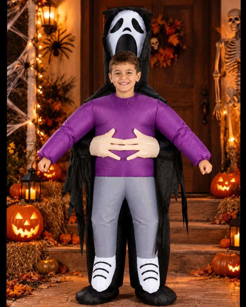 DISFRAZ DE HALLOWEEN INFANTIL FANTASMA CON CAPA NEGRA, TRAJE MORADO Y MANOS FANTASMALES - 3