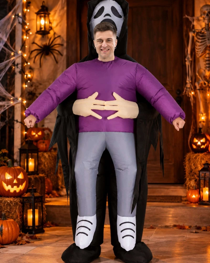 DISFRAZ DE HALLOWEEN ADULTO  CON CAPA NEGRA, TRAJE MORADO Y MANOS DE FANTASMA - 3