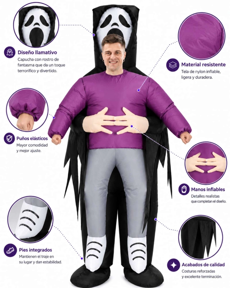 DISFRAZ DE HALLOWEEN ADULTO  CON CAPA NEGRA, TRAJE MORADO Y MANOS DE FANTASMA - 4