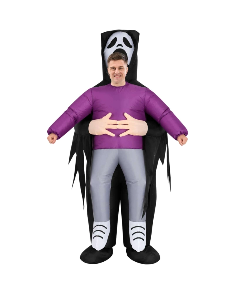 DISFRAZ DE HALLOWEEN ADULTO  CON CAPA NEGRA, TRAJE MORADO Y MANOS DE FANTASMA - 6