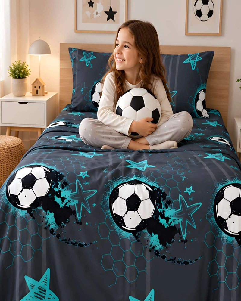 JUEGO DE SABANAS JUVENIL CON ESTAMPADO DE FUTBOL PLAZA Y MEDIA - 1