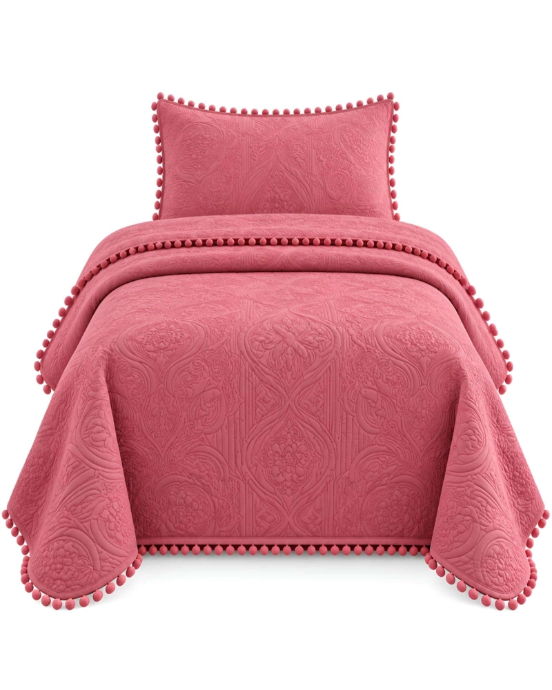 CUBRECAMA DE 1.5 PLAZA CON DISEÑO EN RELIEVE Y POMPONES DECORATIVOS - 6