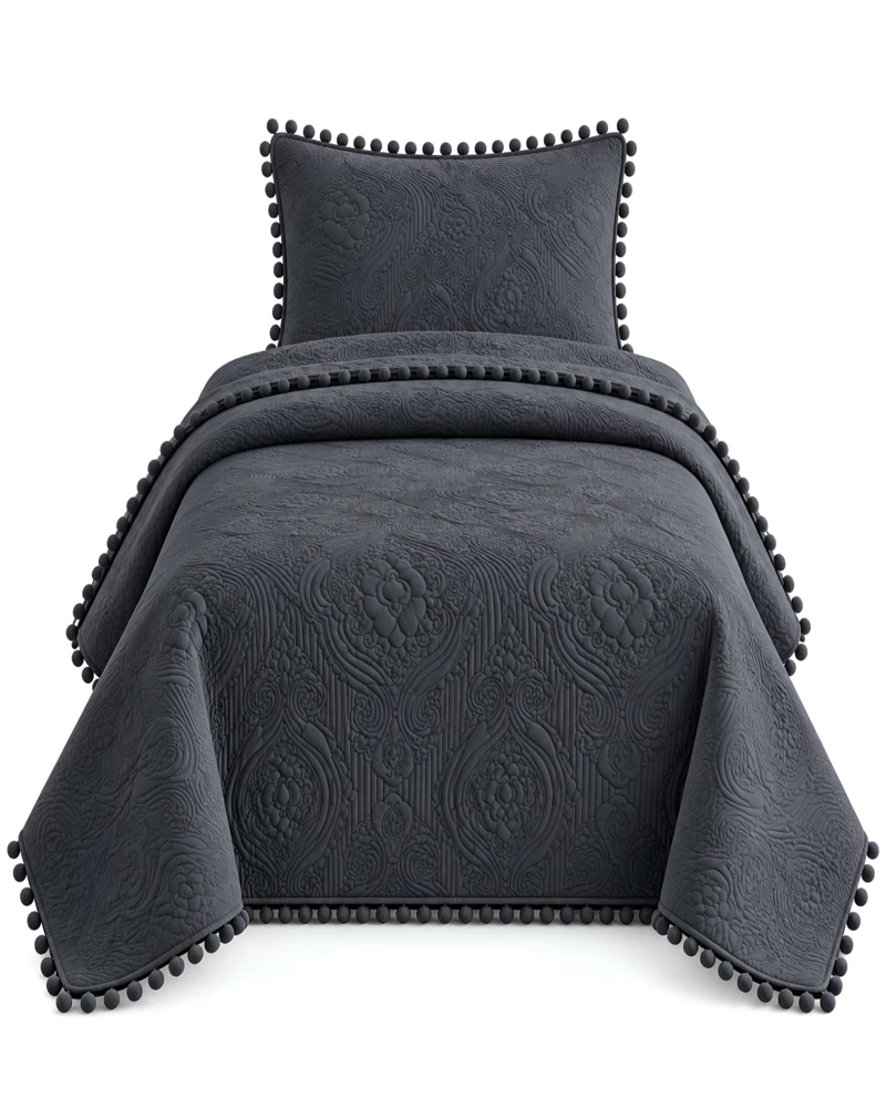 CUBRECAMA DE 1.5 PLAZA CON DISEÑO EN RELIEVE Y POMPONES DECORATIVOS - 6