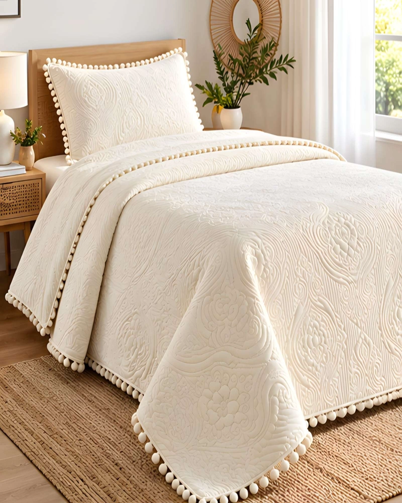 CUBRECAMA DE 1.5 PLAZA CON DISEÑO EN RELIEVE Y POMPONES DECORATIVOS - 3
