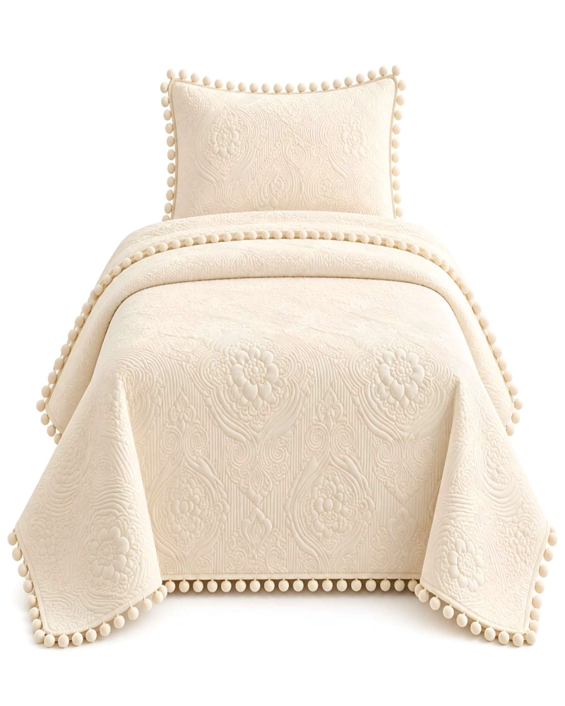 CUBRECAMA DE 1.5 PLAZA CON DISEÑO EN RELIEVE Y POMPONES DECORATIVOS - 6