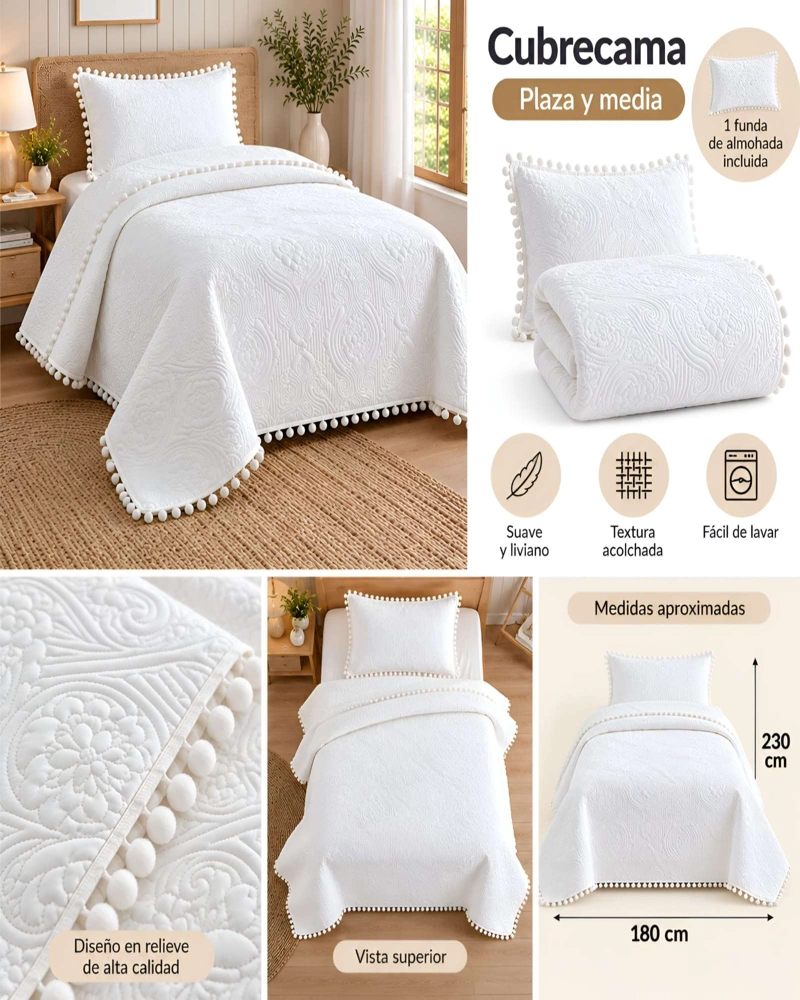 CUBRECAMA DE 1.5 PLAZA CON DISEÑO EN RELIEVE Y POMPONES DECORATIVOS - 5
