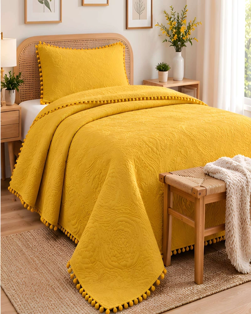 CUBRECAMA DE 1.5 PLAZA CON DISEÑO EN RELIEVE Y POMPONES DECORATIVOS - 3