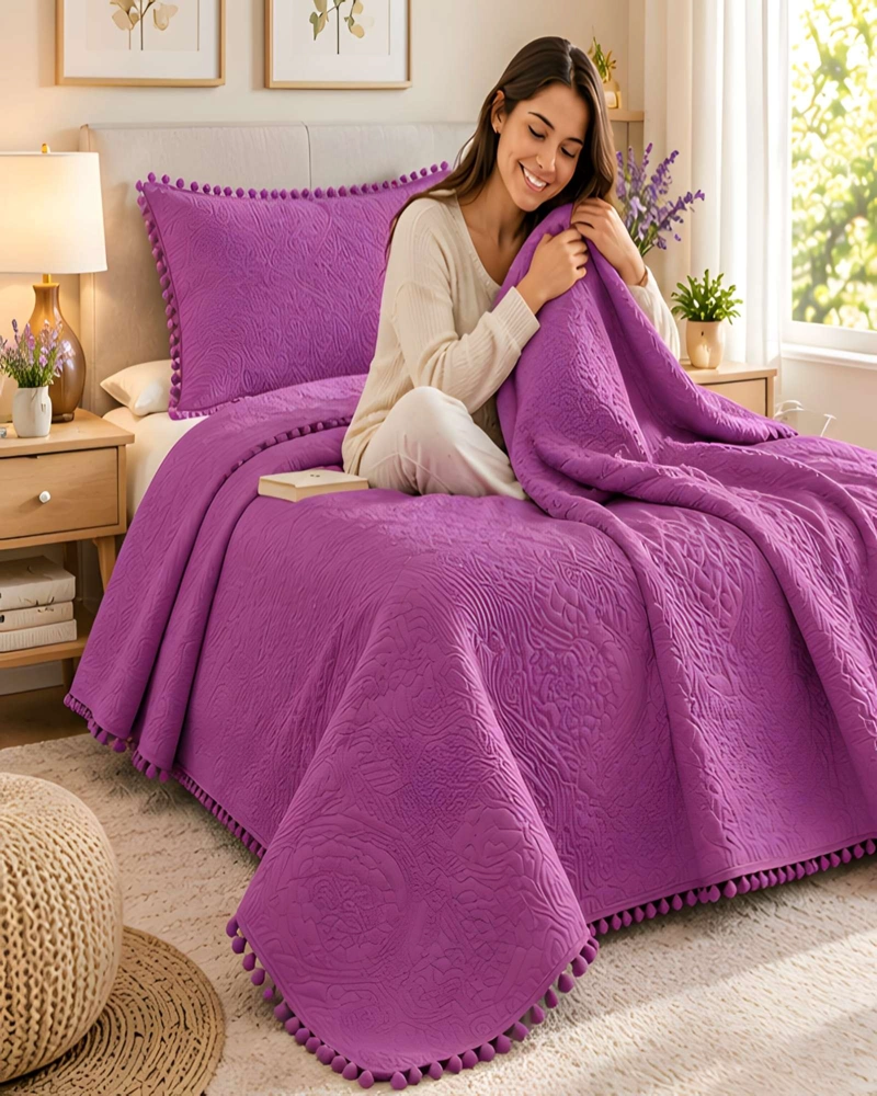 CUBRECAMA DE 1.5 PLAZA CON DISEÑO EN RELIEVE Y POMPONES DECORATIVOS - 3