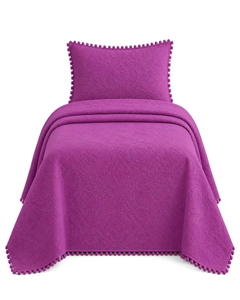 CUBRECAMA DE 1.5 PLAZA CON DISEÑO EN RELIEVE Y POMPONES DECORATIVOS - 6