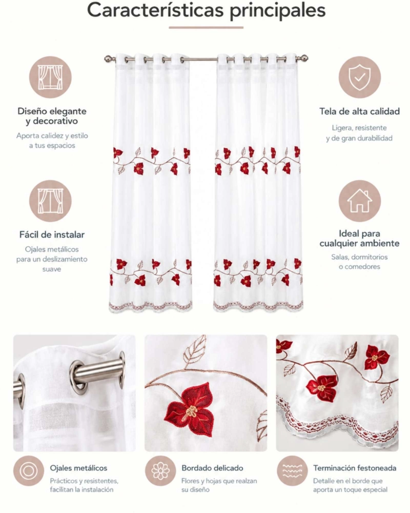CORTINAS VISILLO TRANSLUCIDAS DISEÑO BOTANICO 2 UNIDADES - 3
