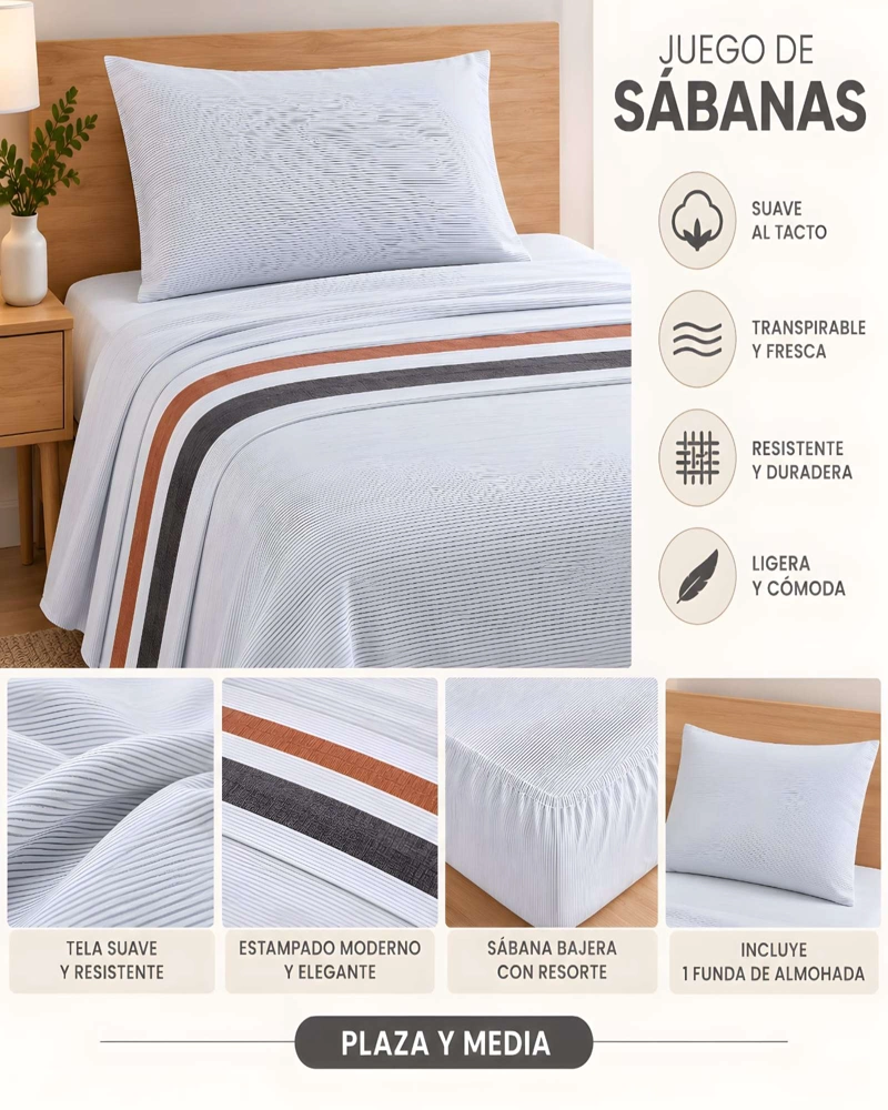 JUEGO DE SABANAS 200 HILOS 1.5 PLAZAS SUAVIDAD Y DURABILIDAD - 5