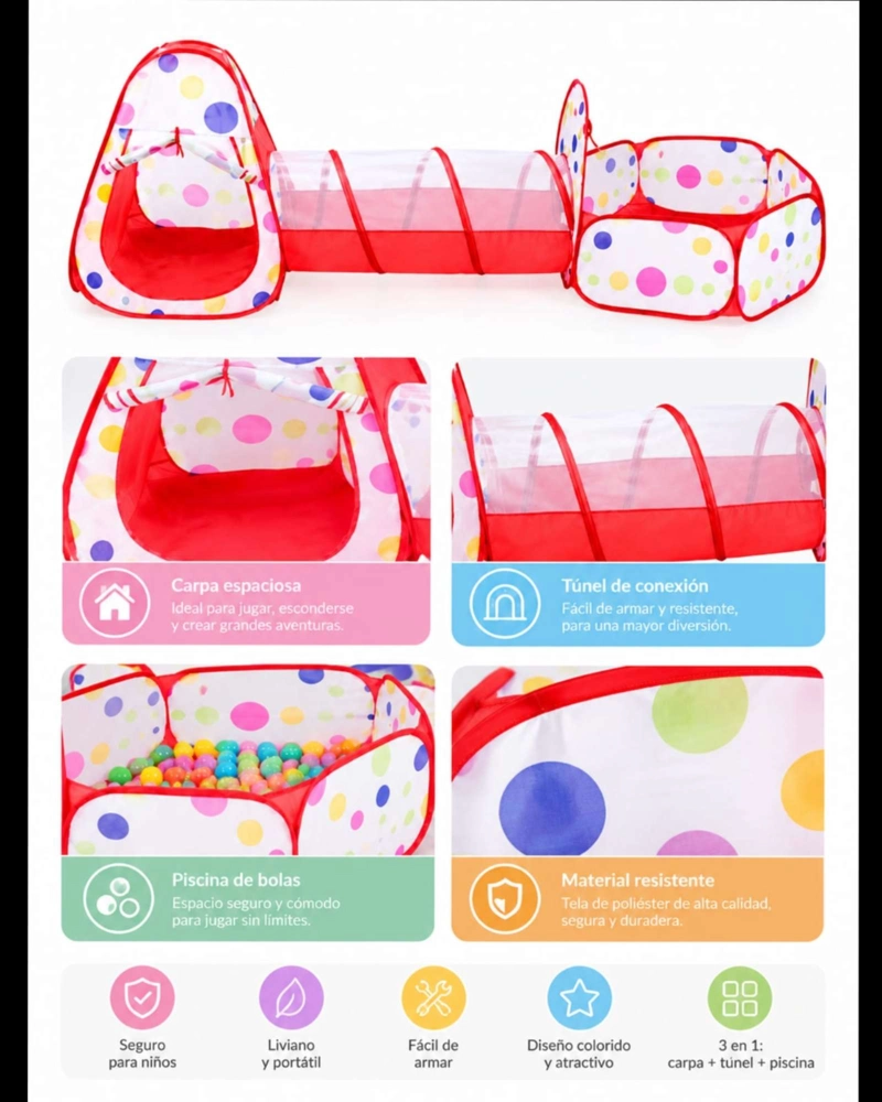 CARPA INFANTIL CON TUNEL Y PISCINA DE PELOTAS MULTICOLOR - 4