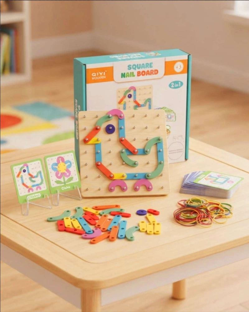 TABLERO DIDACTICO DE MADERA GEOPLANO CON TARJETAS Y ELASTICOS - 2