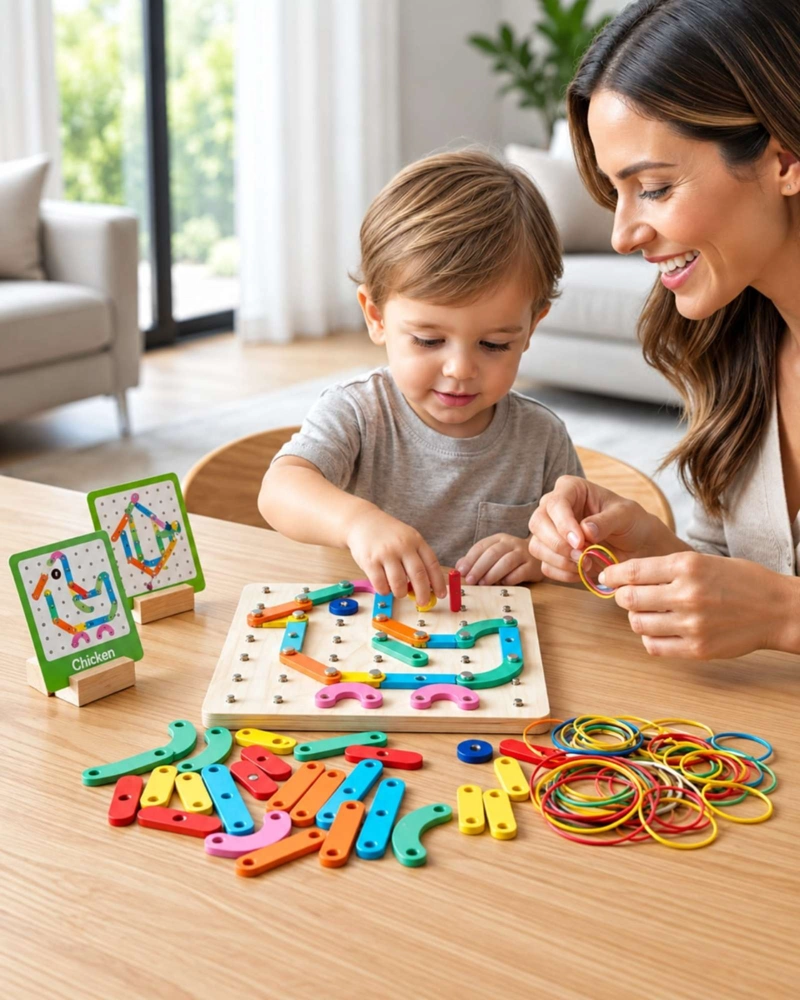 TABLERO DIDACTICO DE MADERA GEOPLANO CON TARJETAS Y ELASTICOS - 4