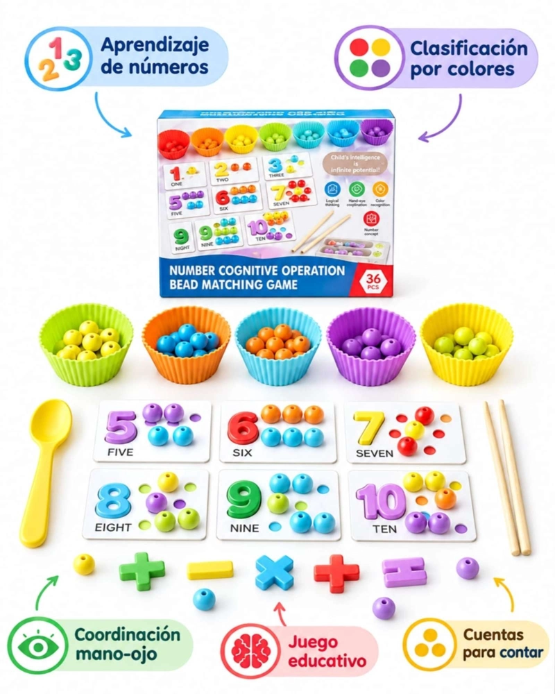 JUEGO EDUCATIVO DE MADERA MONTESSORI CONTEO COLORES Y NUMEROS - 3