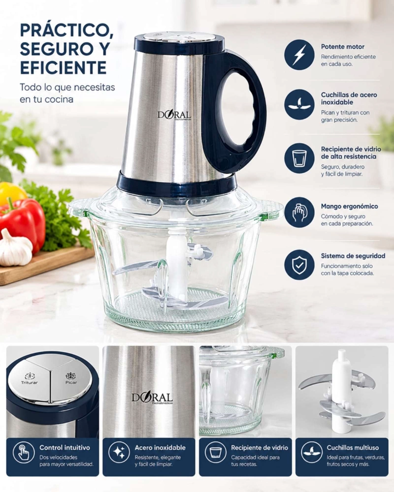 PICADORA DE ALIMENTOS 2 LITROS CON RECIPIENTE DE VIDRIO 3 VELOCIDADES - 5