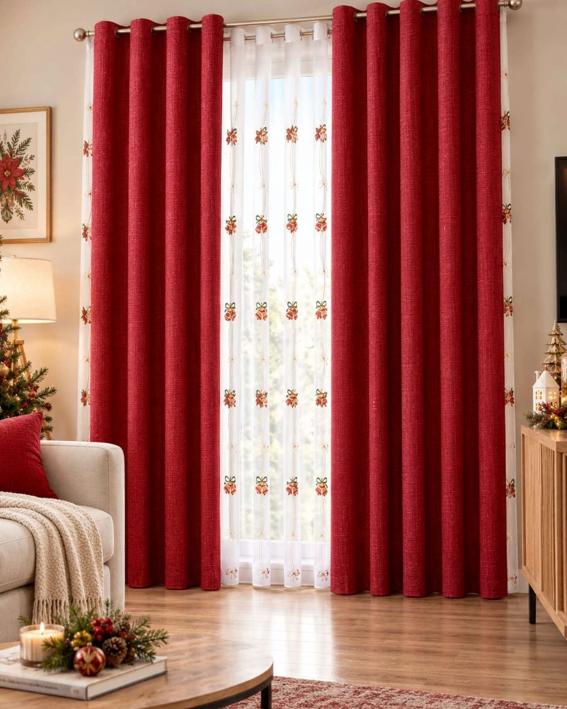 CORTINAS NAVIDEÑAS ROJAS CON VISILLO BORDADO Y OJALES 140X220CM - 4