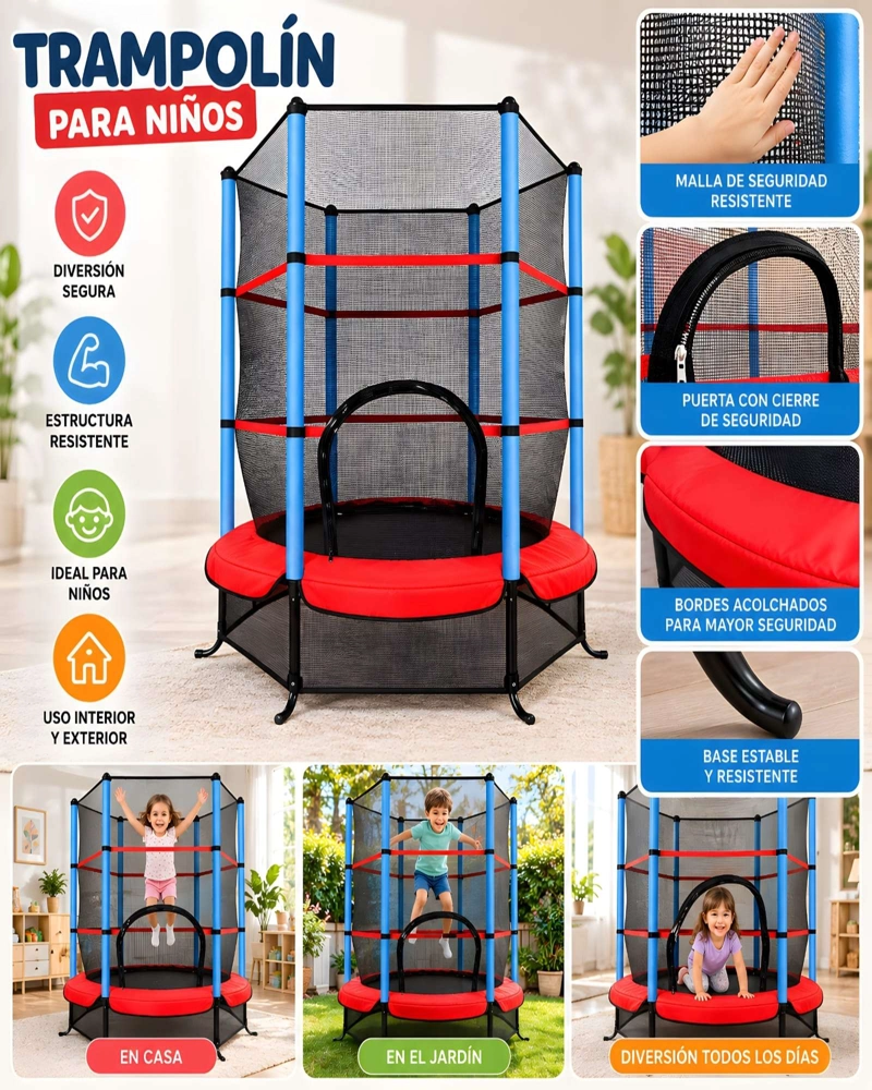 TRAMPOLIN PARA NIÑOS CON MALLA DE SEGURIDAD, BORDES ACOLCHADOS Y USO INTERIOR O EXTERIOR - 5